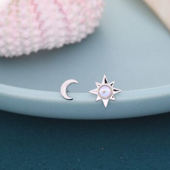 Mismatched Starburst And Moon Stud Earrings In Sterling Silver With Lab Moonstone, 3 of 9