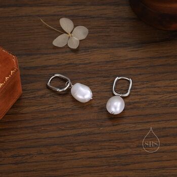 Sterling Silver Rectangular Hoops With Dangling Baroque Pearl Drop Earrings, 3 of 10
