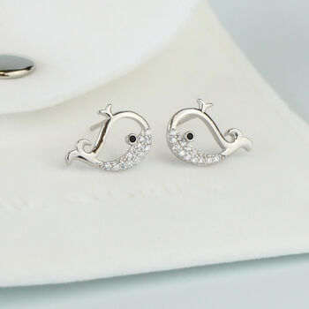 Sterling Silver Crystal Whale Stud Earrings, 4 of 5