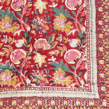 Deep Red, Green And Mustard Floral Indian Block Printed Cotton Bed Quilt, 6 of 9