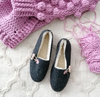 Graphite Felt Ballerina Slippers With Pink Details, 4 of 7