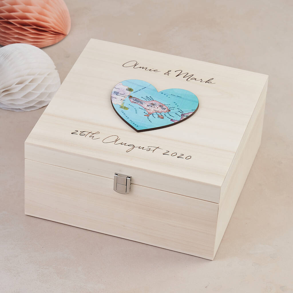 Engraved Map Heart Location Wedding Keepsake Box, 1 of 3