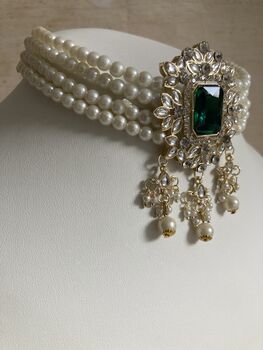 Emerald Green Gold Plated Kundan And Pearl Choker Set, 9 of 10