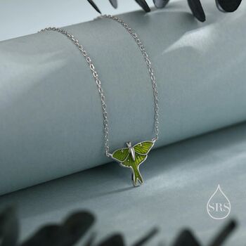 Sterling Silver Green Enamel Lunar Moth Pendant Necklace, 6 of 11
