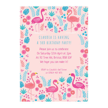 Personalised Flamingo Pattern Birthday Invitations, 2 of 3