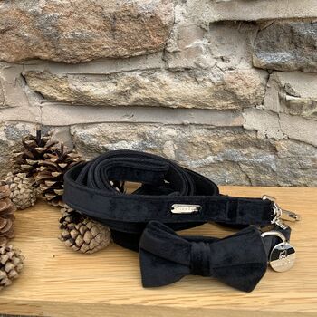 Christmas Black Velvet Dog Collar Bow Tie Lead Gift Set, 2 of 5