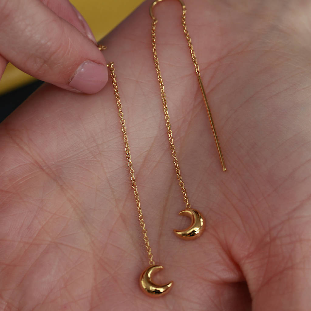 Crescent Moon Threader Chain Earrings By Holly Blake