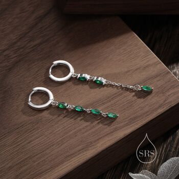 Asymmetric Emerald Green Cz Dangle Huggie Hoop Earrings, 3 of 11