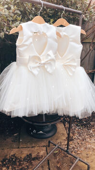 Duchess Satin Flower Girl Dress – Heart Back Tulle Gown Handmade In UK, 4 of 11