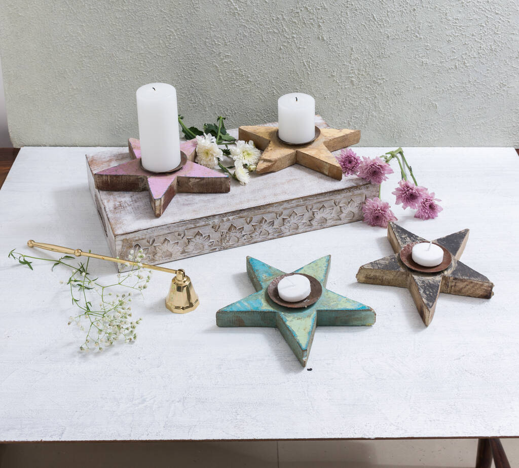 Reclaimed Wooden Star Shaped Candle Holders By Mytri Designs