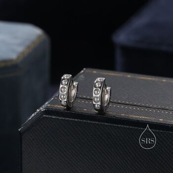 Sterling Silver Pearl Huggie Hoop Earrings, 4 of 11