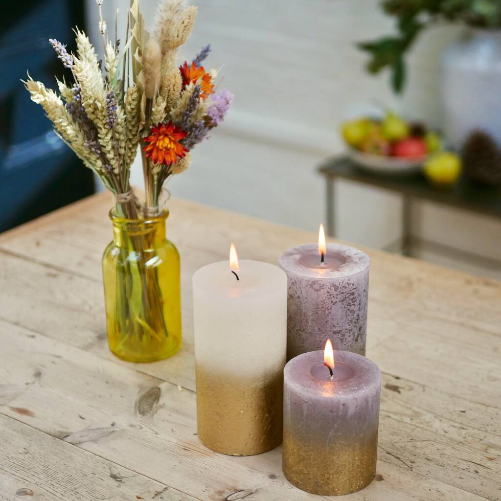 Dusky Shimmer Pillar Candle Cluster By Dress For Dinner Tablescapes