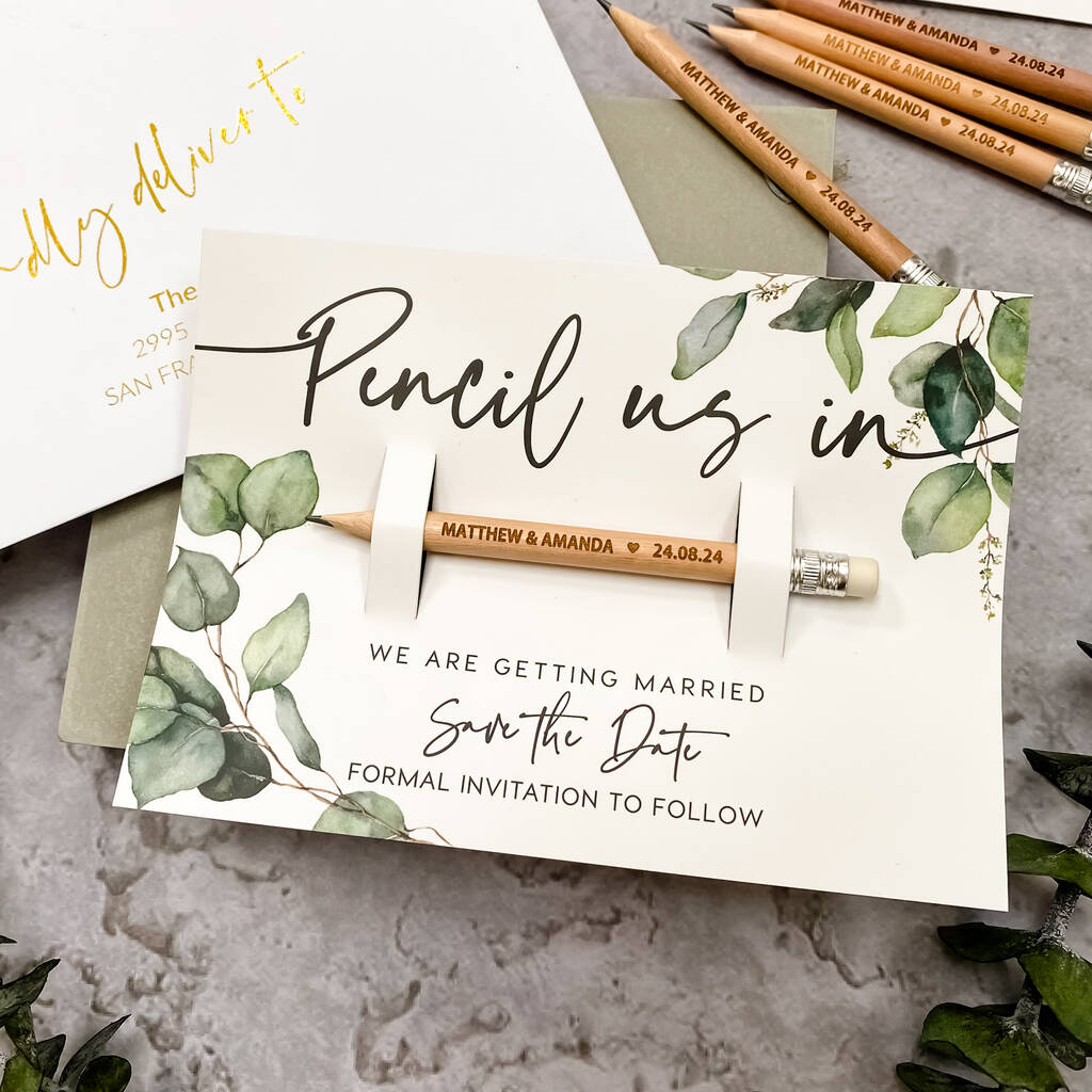 Save The Date Pencil Us In With Botanical Card, 1 of 4