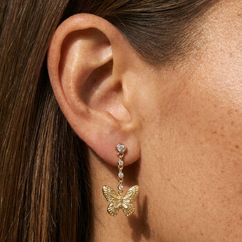 Gold Butterfly Chain Drop Stud Earrings, 2 of 3