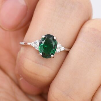 Emerald Green Cz Oval Ring In Sterling Silver, 3 of 12