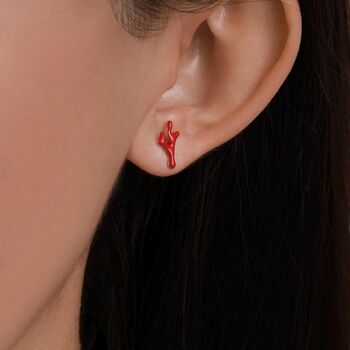 Sterling Silver Asymmetric Red Coral Branch Stud Earrings, 3 of 12