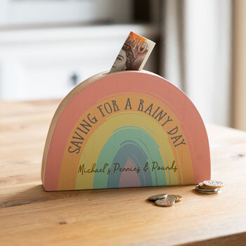 Personalised Saving For A Rainy Day Rainbow Money Box, 2 of 5