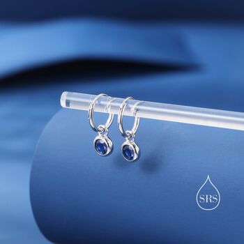 Sterling Silver Sapphire Blue Cz Huggie Hoop Earrings With Sleeper Hoops, 2 of 12