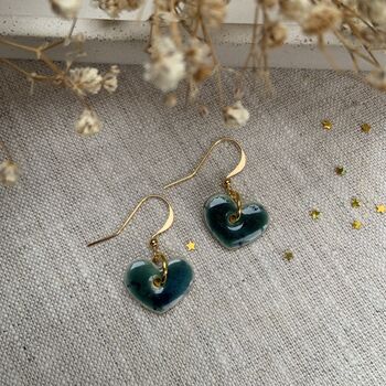 Medium Green Blue Dainty Ceramic Heart Earrings, 2 of 10