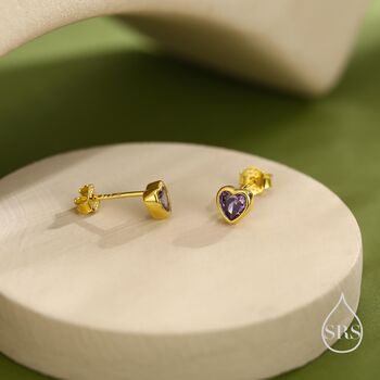 Tiny Amethyst Purple Cz Heart Stud Earrings, 7 of 12