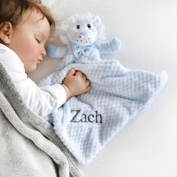 Personalised Blue Lion Baby Comforter, 2 of 5