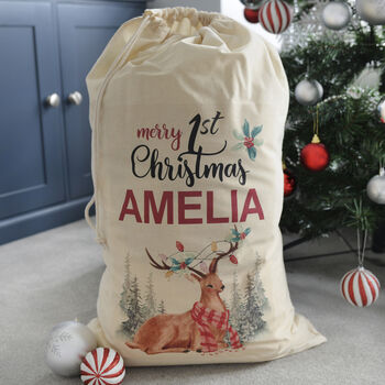 Personalised 1st Christmas Deer Cotton Christmas Sack, 3 of 4