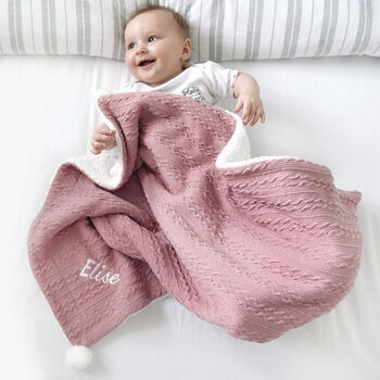 Personalised Twins Dusty Pink Cable Knit Pom Pom Blankets, 4 of 11