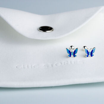 Sterling Silver Screw Back Blue Butterfly Studs, 4 of 5