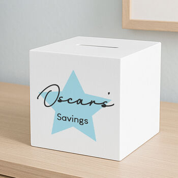 Personalised Pink Or Blue Star Wooden Money Box, 2 of 6