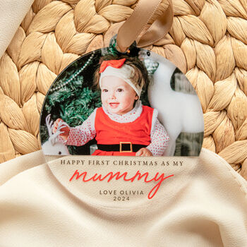 Personalised First Christmas As A Mummy Bauble Photo Keepsake, 3 of 6