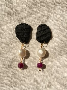 Abstract Cockle Shell Ruby Pearl Drop Earrings, 5 of 6