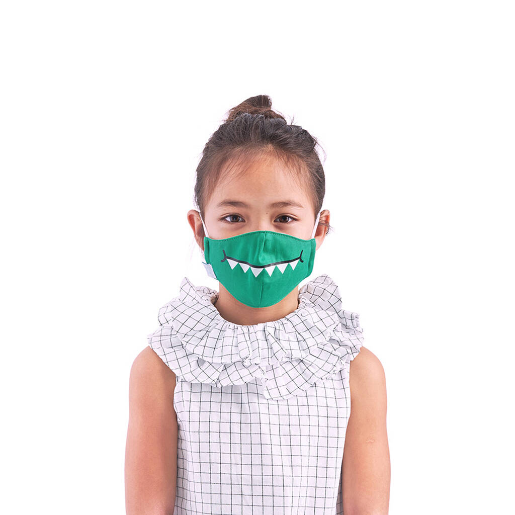 Green Toothy Dinosaur Children Face Mask, 1 of 4