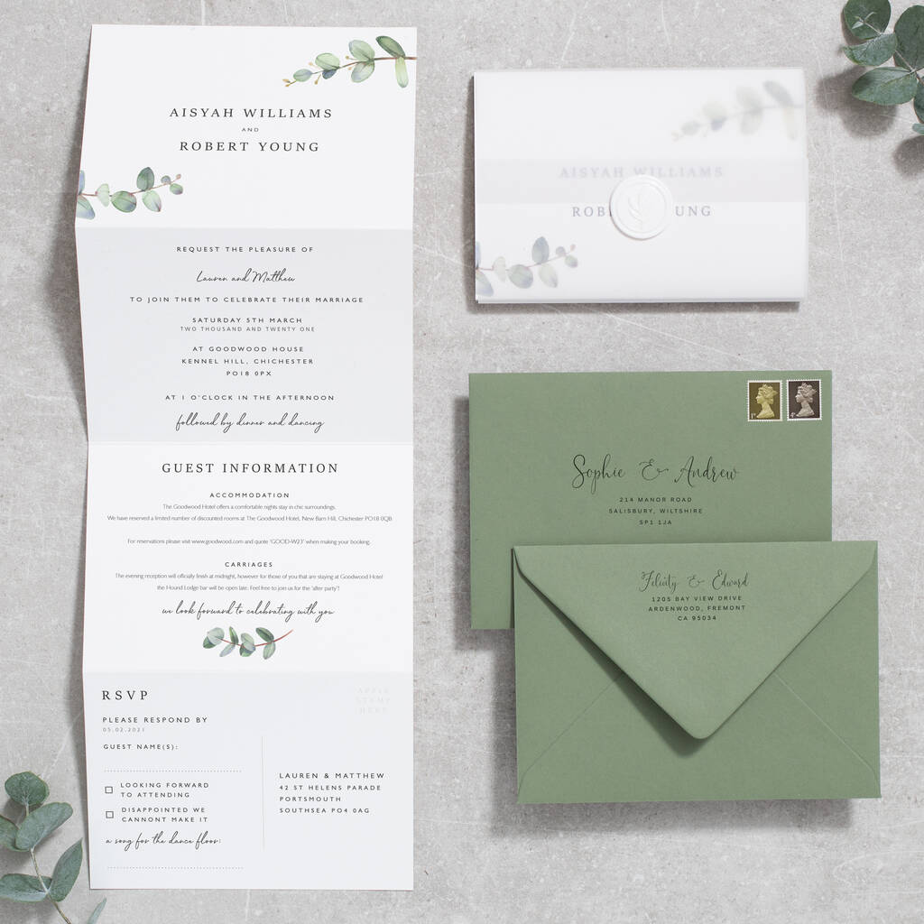 Eucalyptus Greenery Wedding Invitation Concertina, 1 of 8