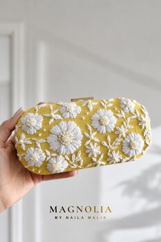Golden Sunset | Yellow And White Floral Embroidery Clutch, 4 of 9