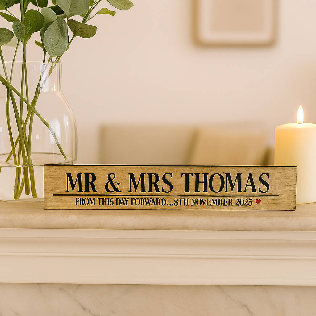 Personalised Oak Mr Mrs Wedding Sign With Names And Date, 1 of 4