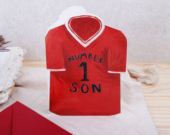 Football Number One Son Birthday Card With Blue Or Red T Shirt Design, 2 of 8