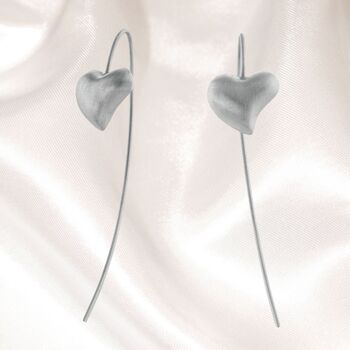 Long Matt Silver Heart Earrings On Long Hooks, 2 of 4