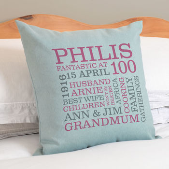 Personalised 100th Birthday Word Art Cushion, 2 of 9