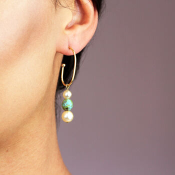 Pearl And Turquoise Bead Stacked Oval Hoop Earrings, 2 of 7