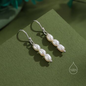 Oval Pearl Trio Drop Hook Earrings In Sterling Silver, 7 of 11