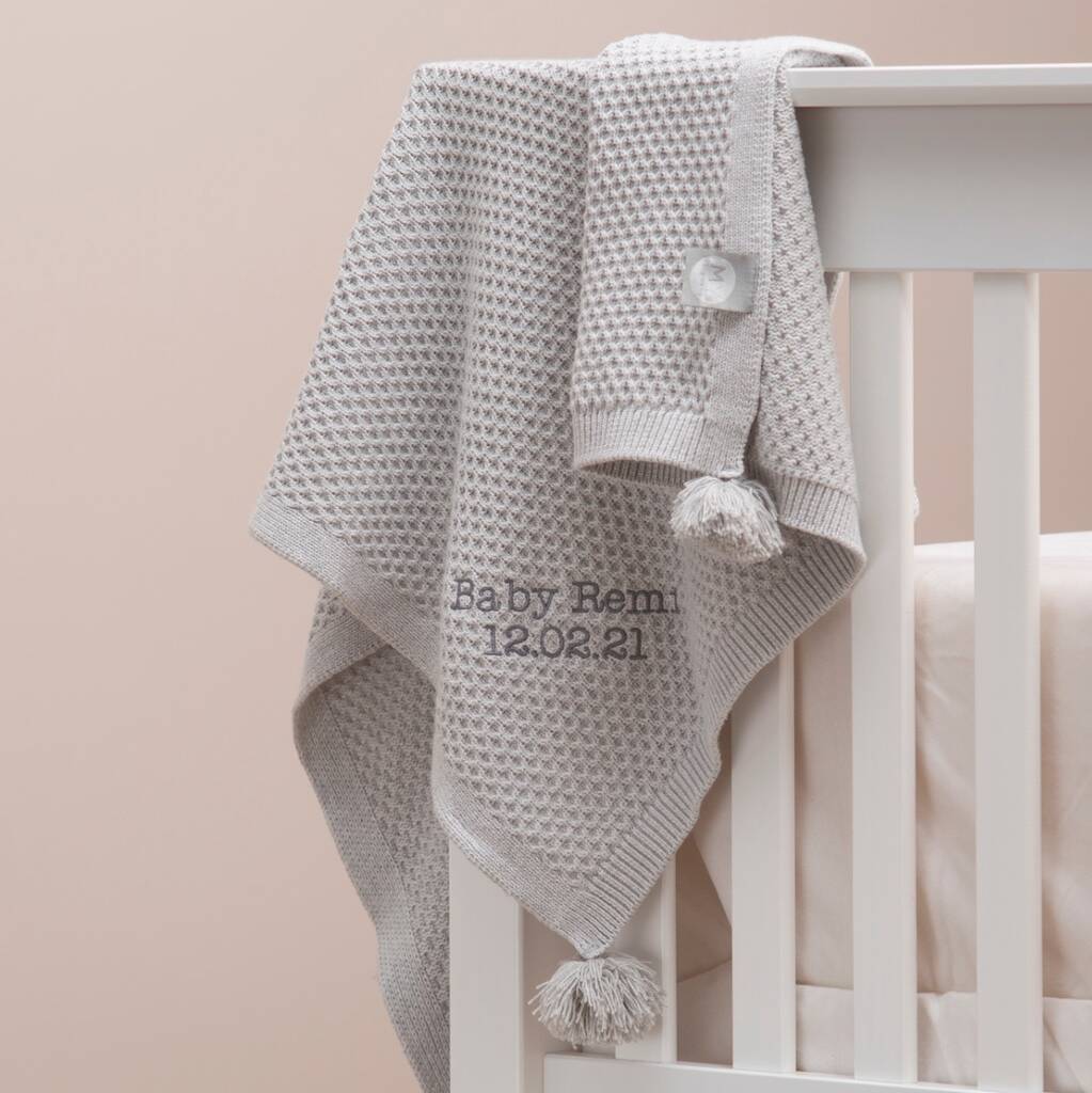 Personalised Grey Cashmere Blend Blanket With Pom Poms By My 1st Years
