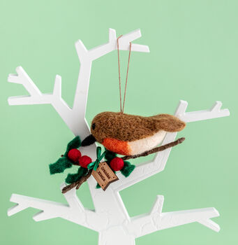 Personalised Felt Robin On Branch Christmas Decoration, 2 of 4