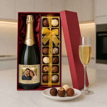 Personalised Champagne And Truffles Gift Set Include Any Photo, Name And Message. Presented In A Silk Lined Gift Box, 4 of 8