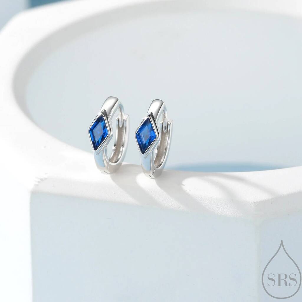 Tiny Rhombus Sapphire Blue Cz Huggie Hoop In Sterling Silver, 1 of 12
