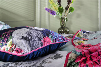 Mountain Lake Water Birds And Flowers With Mountains Luxury Velvet Square Cushion, 4 of 4