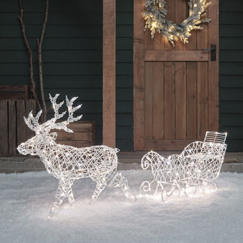 Plug In 200 Dual LED White Rattan Reindeer And Sleigh, 2 of 3