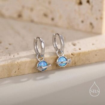 Sterling Silver Blue Opal Planet And Star Huggie Hoop Earrings, 5 of 12