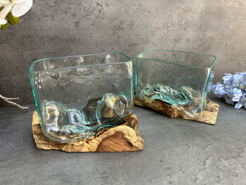 16cm Molten Glass Square Bowl On Teak Root Base, 11 of 12