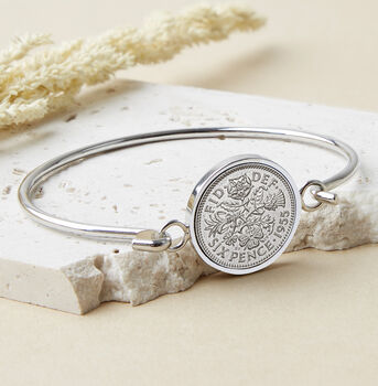 70th Birthday 1955 Sixpence Coin Bangle Bracelet, 3 of 10