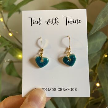 Small Green Blue Turquoise Ceramic Heart Earrings, 8 of 10
